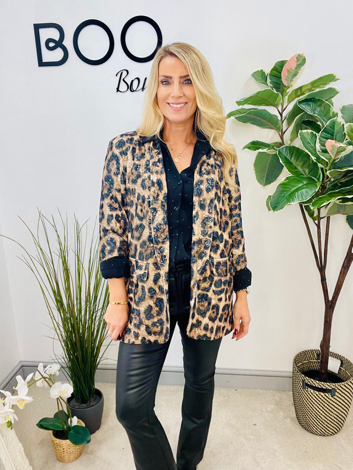 LADIES ANIMAL LEOPARD PRINT SEQUIN JACKET BLAZER