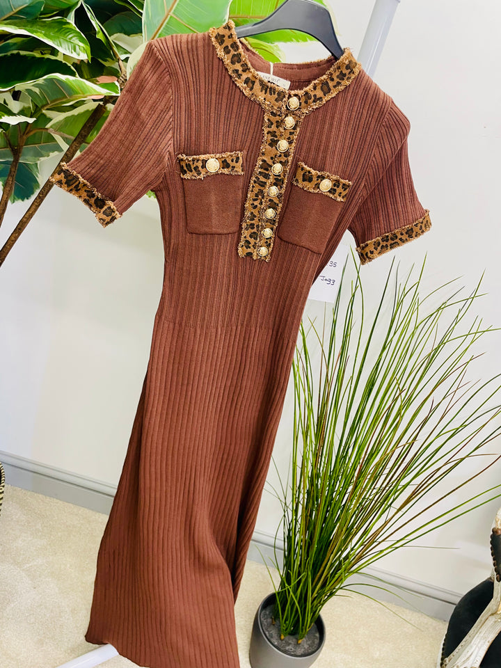 LADIES STRETCH RIBBED KNIT LEOPARD DETAIL MAXI DRESS - WHITE, BLACK, BEIGE & BROWN