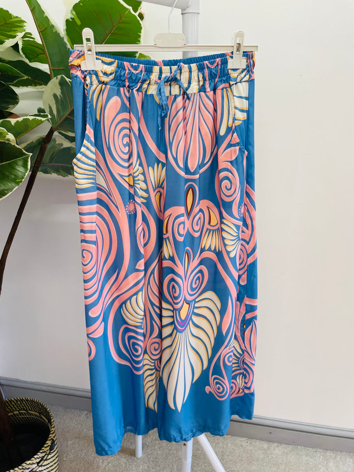 LADIES WOMENS BLUE WIDE LEG PALAZZO PANTS TROUSERS 