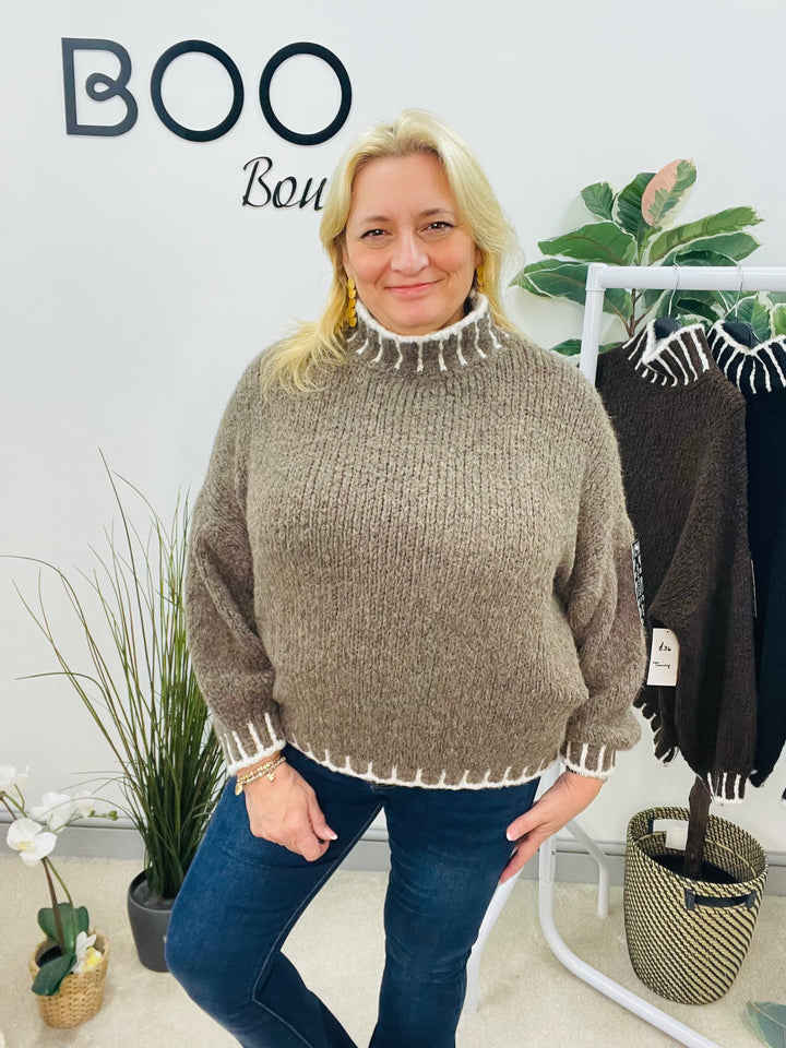 LADIES CHUNKY KNIT BAGGY JUMPER - BROWN, MOCHA, BLACK