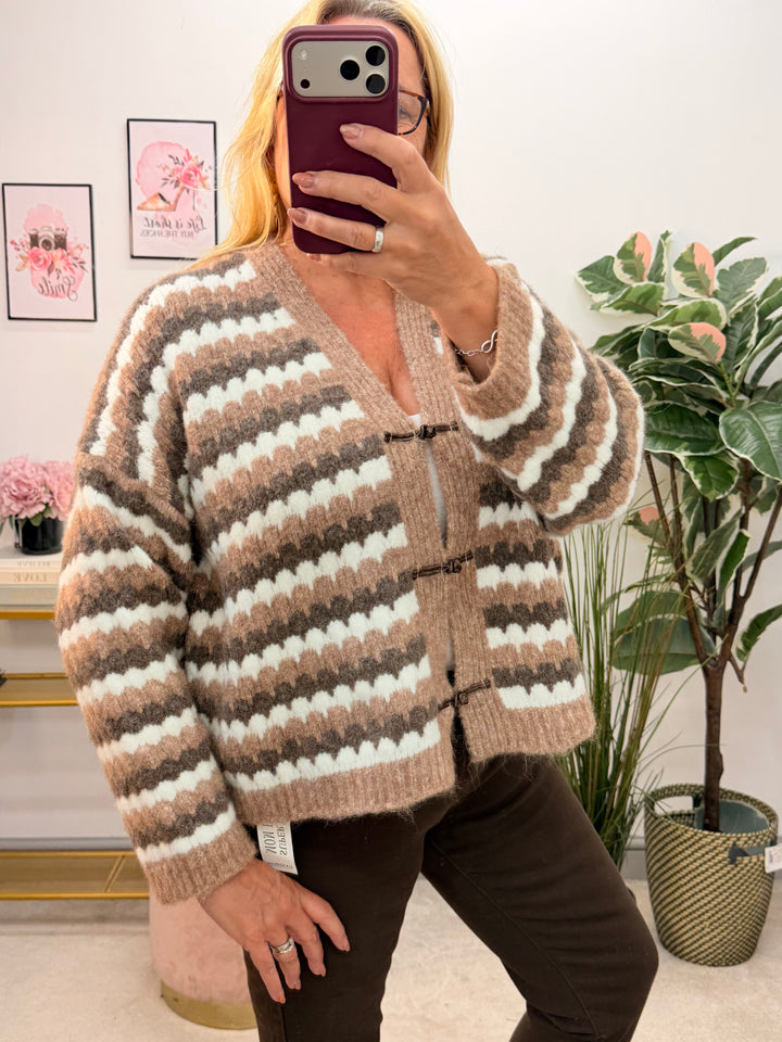 Ladies Fashion Knitted Stripe Cardigan - Beige & Mocha