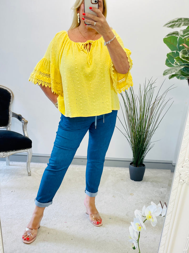 LADIES BRODERIE ANGLAISE BARDOT SUMMER TOP - PINK, WHITE, BLUE, NAVY, YELLOW