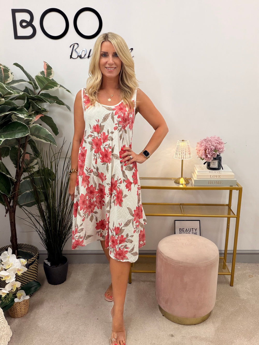 Ladies Flower Print Light Linen Summer Midi Day Dress - Red, Blue, Pink & Khaki