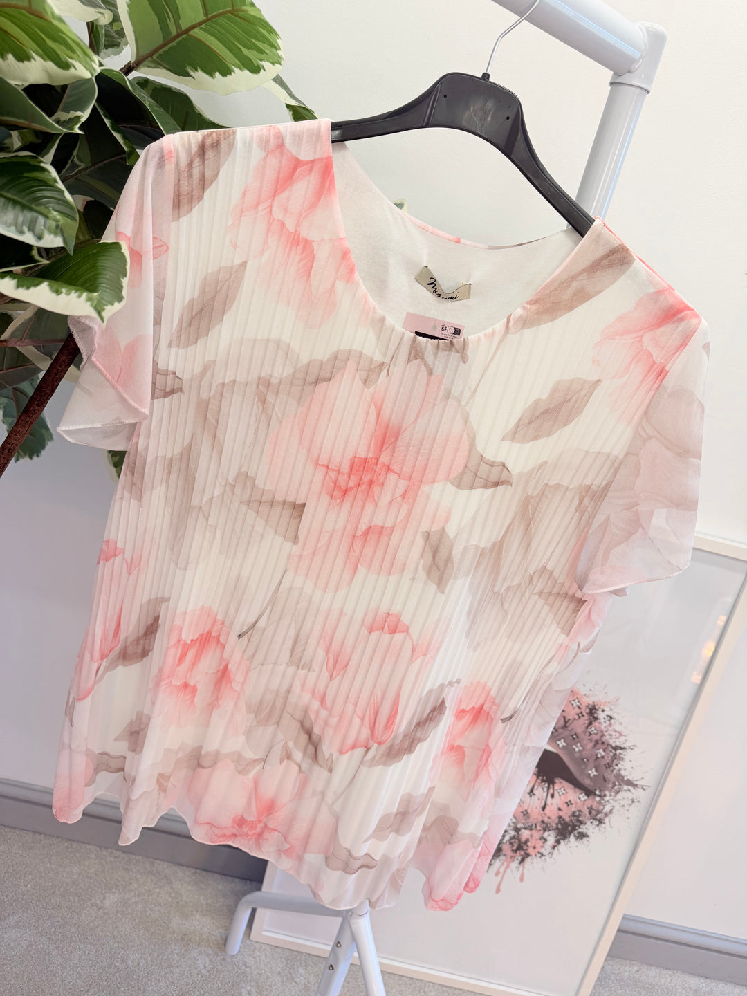 Ladies Fashion Floral Print Pleated Chiffon Blouse Top - pink, white, blue & lemon