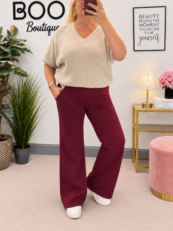 Womens fluffy knit short sleeve V neck jumper - Berry, Brown, Oatmeal, Blue & Khaki