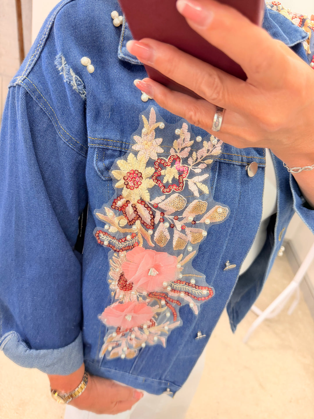 Ladies Blue Denim Applique Flower & Pearl Jacket - Pink & Mint