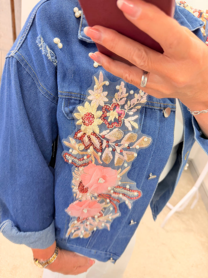 Ladies Blue Denim Applique Flower & Pearl Jacket - Pink & Mint