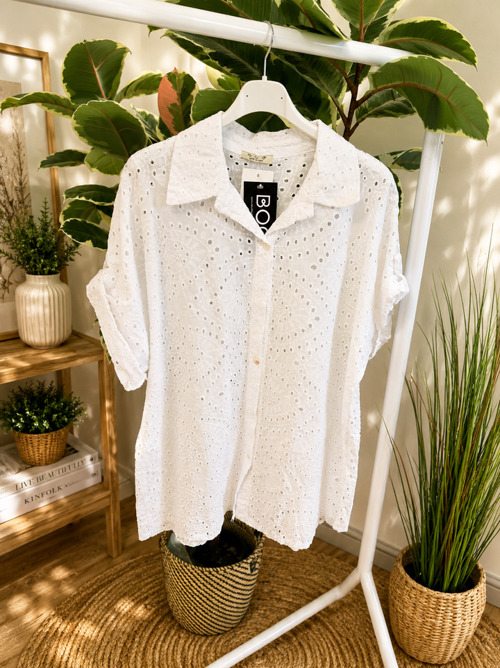 Ladies White Broderie Anglaise Summer Shirt Top