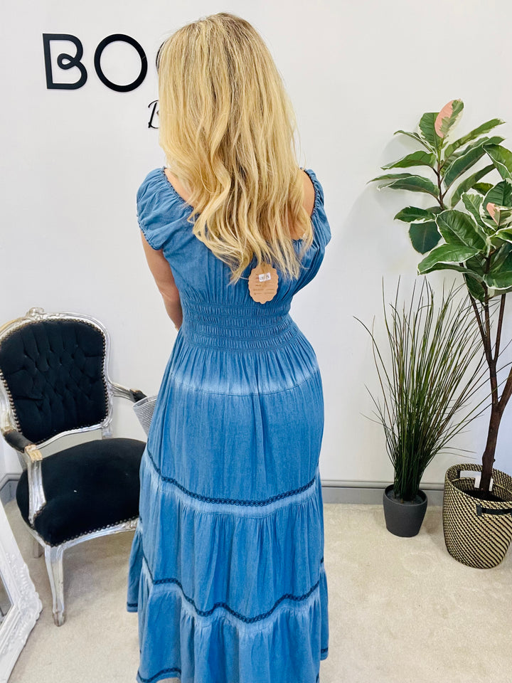 LADIES WOMENS CHAMBRAY DENIM FLATTERING SUMMER MAXI DRESS