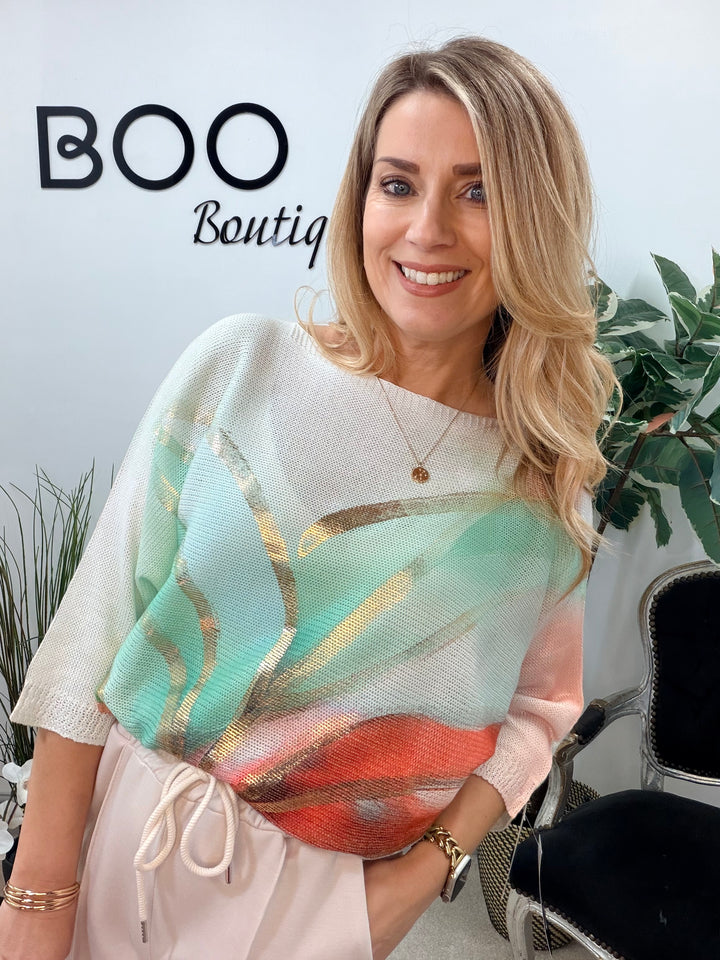 LADIES WHITE BATWING SLEEVE JUMPER - KHAKI, BLUE & GREEN