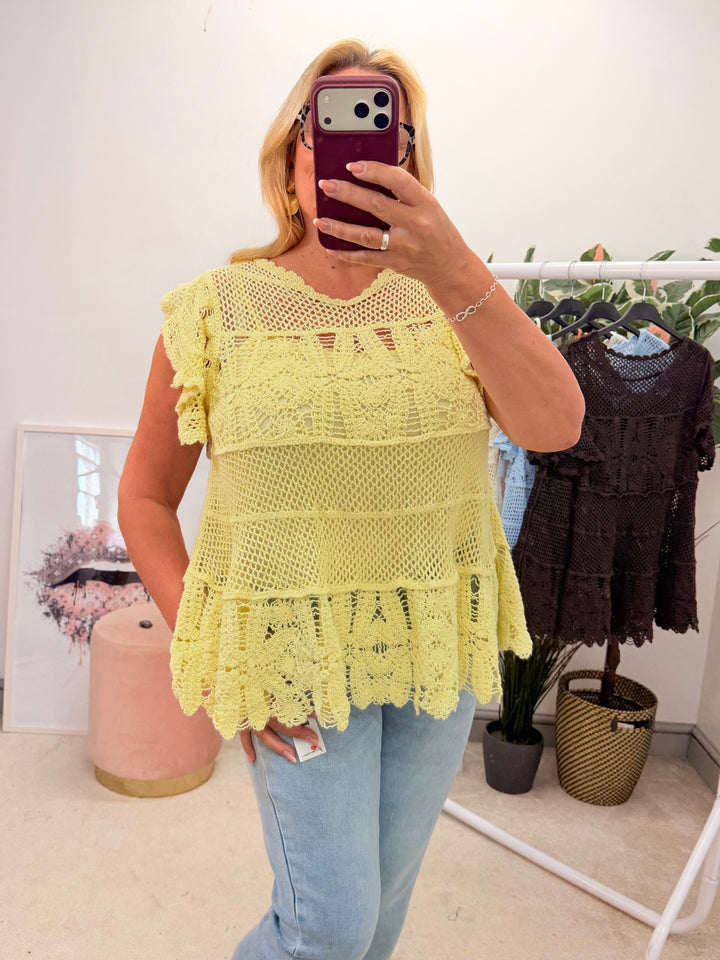 Ladies Pretty Crochet Top - lemon, white, blue, brown & coral 
