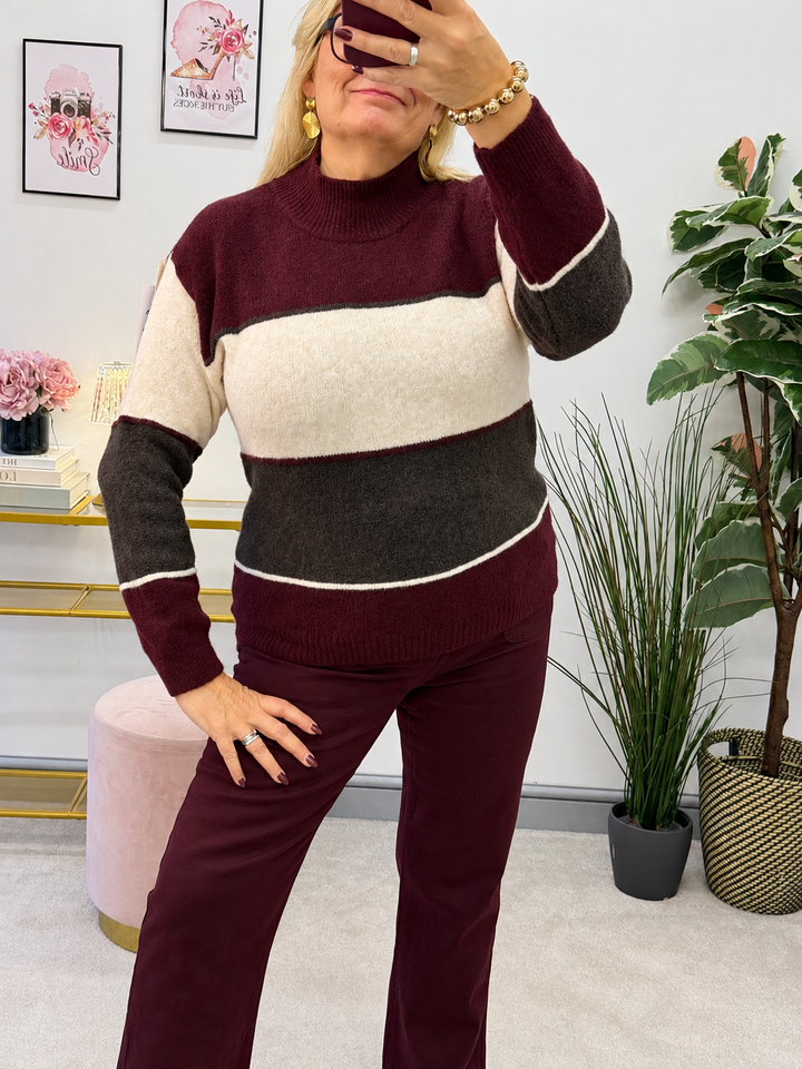 Women's colour block stripe jumper - black, mocha, brown & wine