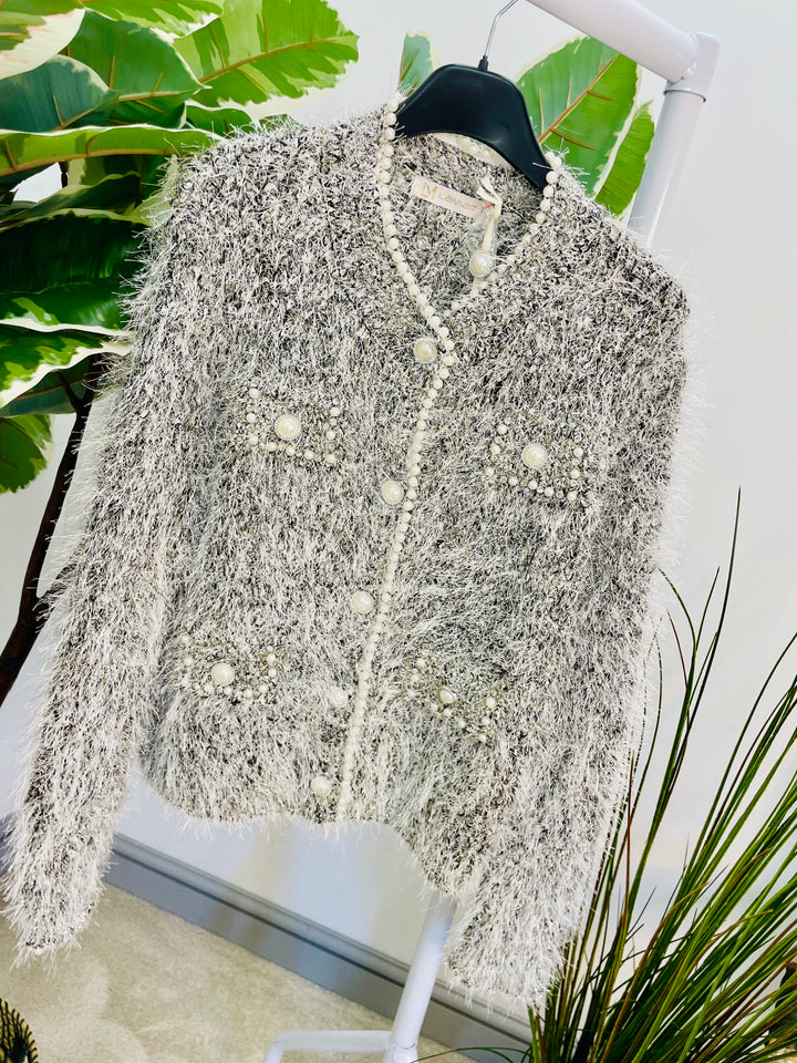 LADIES DESIGNER INSPIRED FLUFFY LUREX CARDIGAN - BEIGE & BLACK