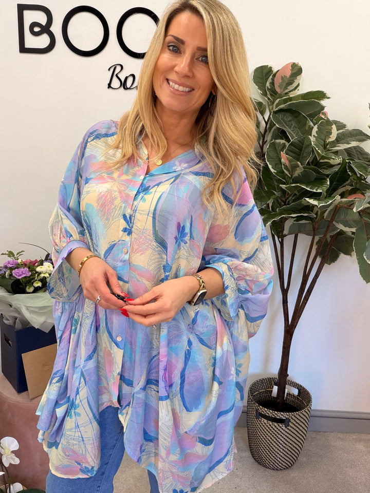 Ladies Fashion Tie Dye Loose Fit Flowy Oversize Blouse Top - pink & blue