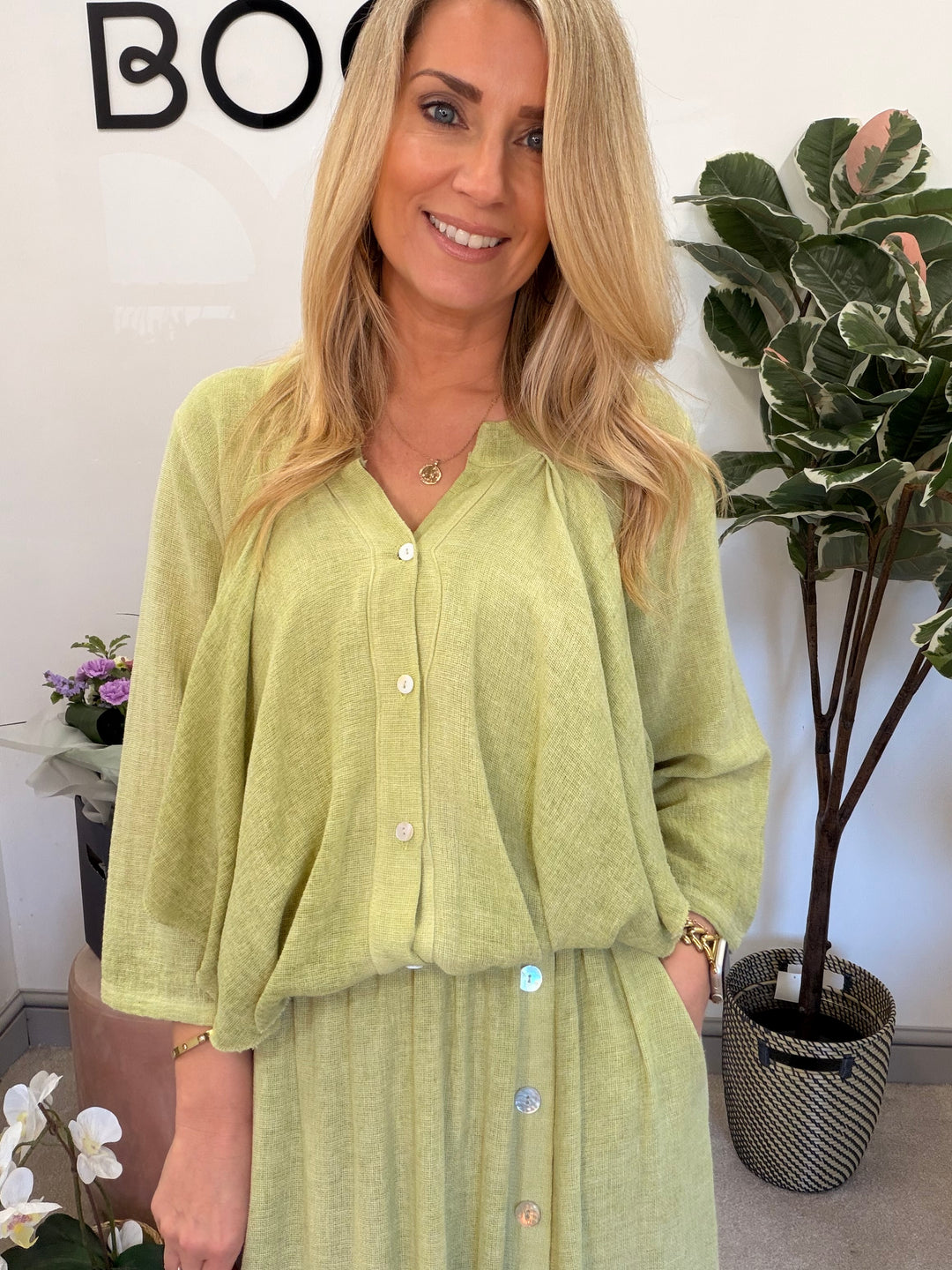 Ladies Fashion Waterfall Teabag Linen Top - lime, blue, turquoise, white, beige