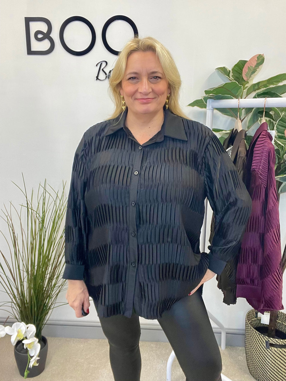 LADIES PLEATED OVERSIZE SHIRT BLOUSE - BLACK, PLUM & BROWN