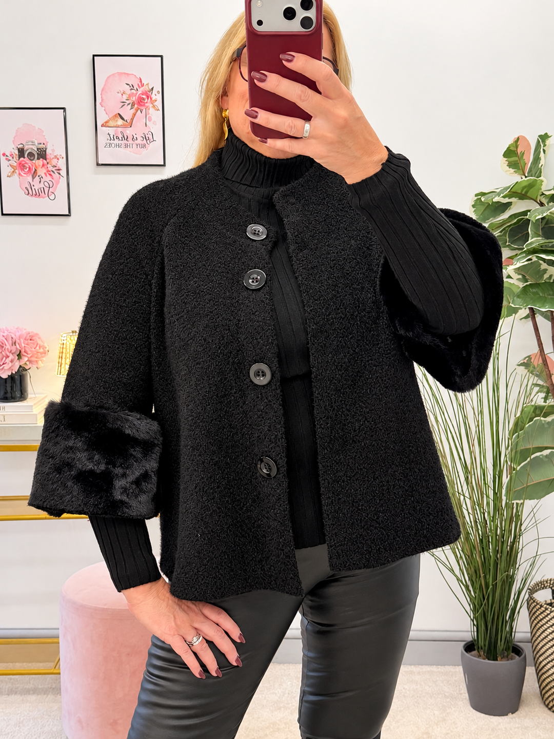 Women's chenille faux fur cuff cape jacket - black, cream, khaki & brown