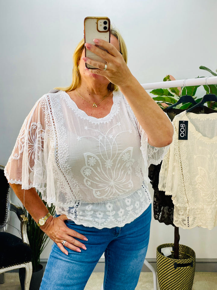 LADIES PRETTY LACY SUMMER BOHO TOP - WHITE, BEIGE & BROWN