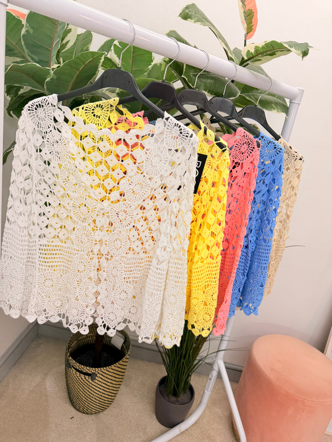 Ladies Fashion Crochet Bolero Cardigan - White, Peach, Blue, Pink, Lemon