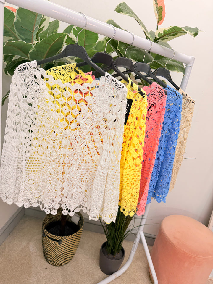 Ladies Fashion Crochet Bolero Cardigan - White, Peach, Blue, Pink, Lemon