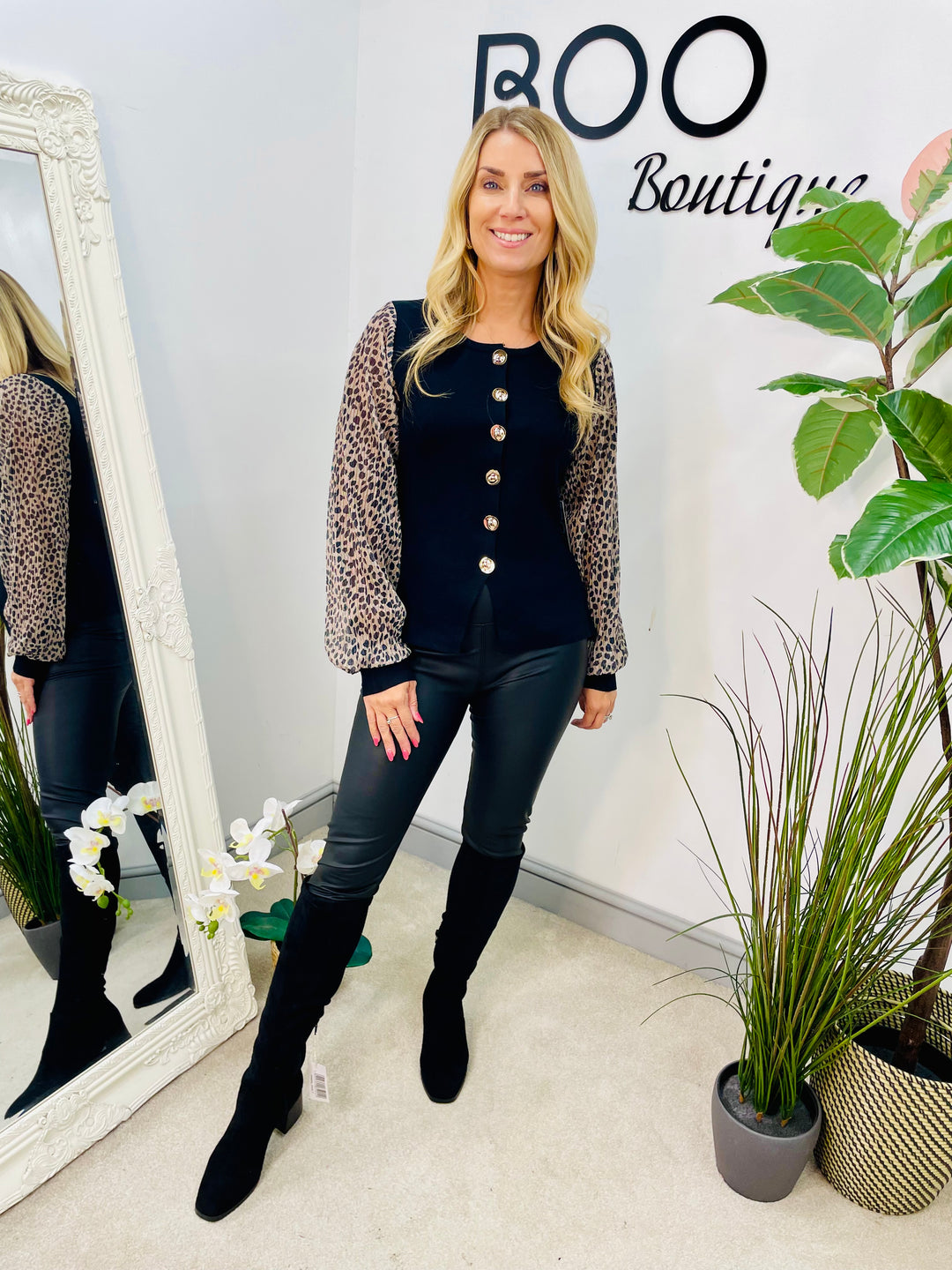 LADIES KNITTED LEOPARD SLEEVE CARDIGAN TOP - BLACK, WINE, BROWN