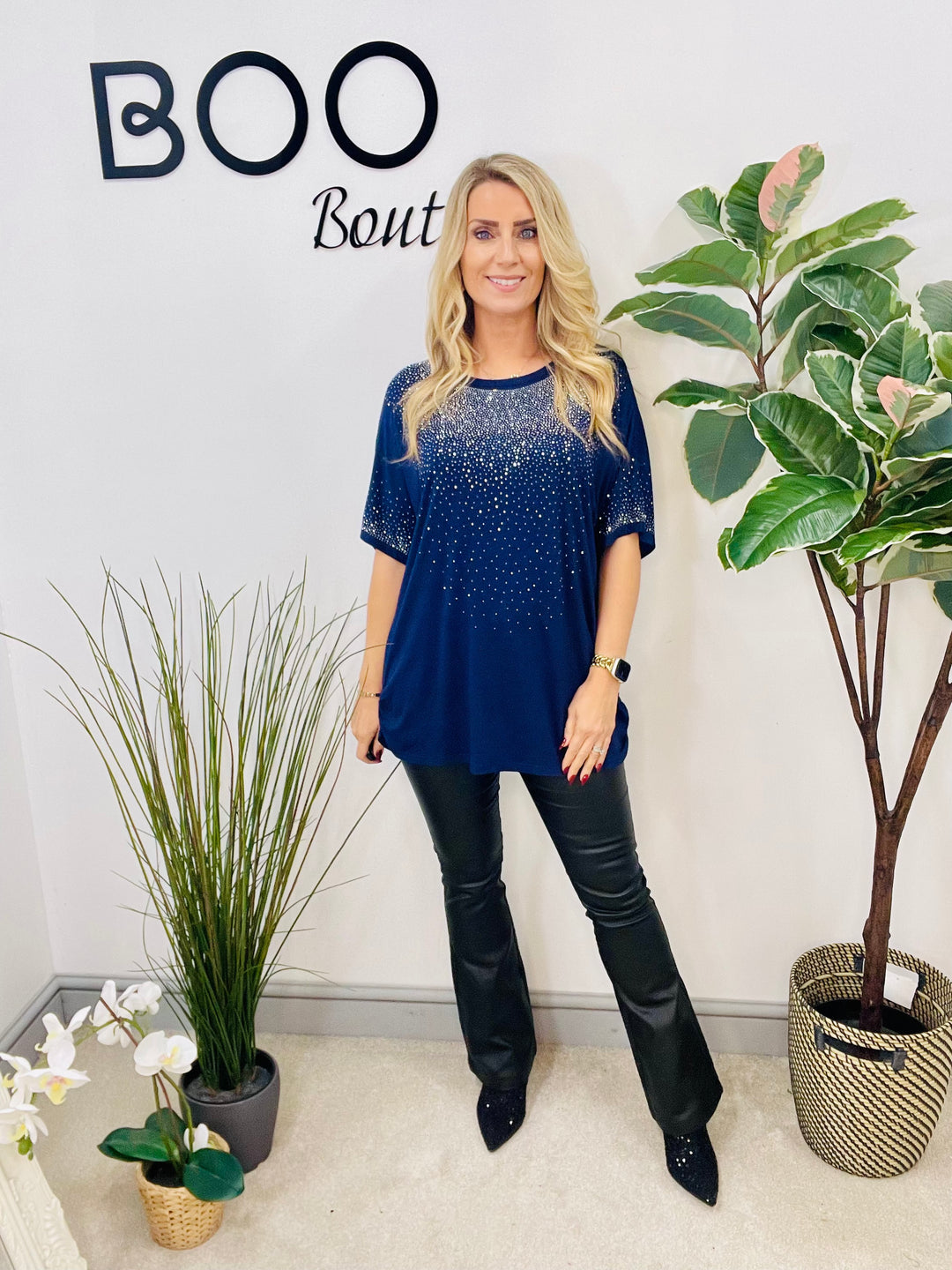 LADIES LOOSE FIT SPARKLY TEE T SHIRT - NAVY, BLACK, BERRY