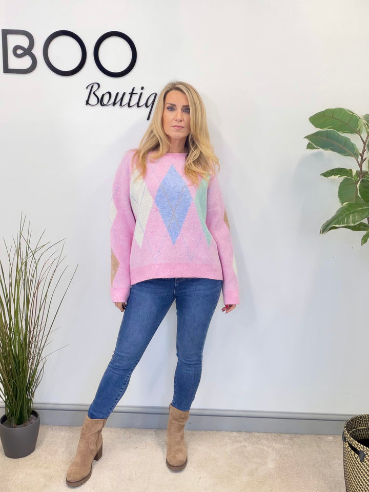 LADIES SOFT KNIT ARGYLE JUMPER - PINK, LEMON, BLUE, MINT & CREAM