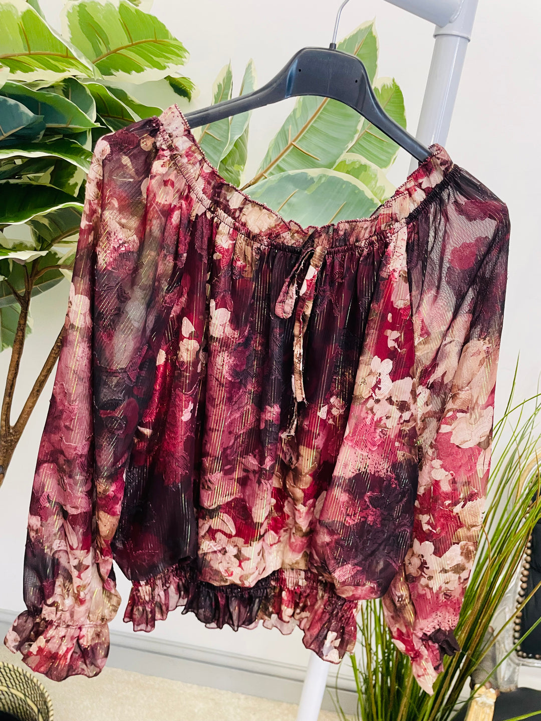 LADIES CHIFFON BARDOT GOING OUT TOP - BURGUNDY, NAVY, BLACK