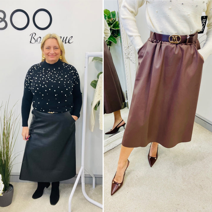 LADIES FAUX LEATHER MIDI SKIRT - CHOCOLATE BROWN & BLACK