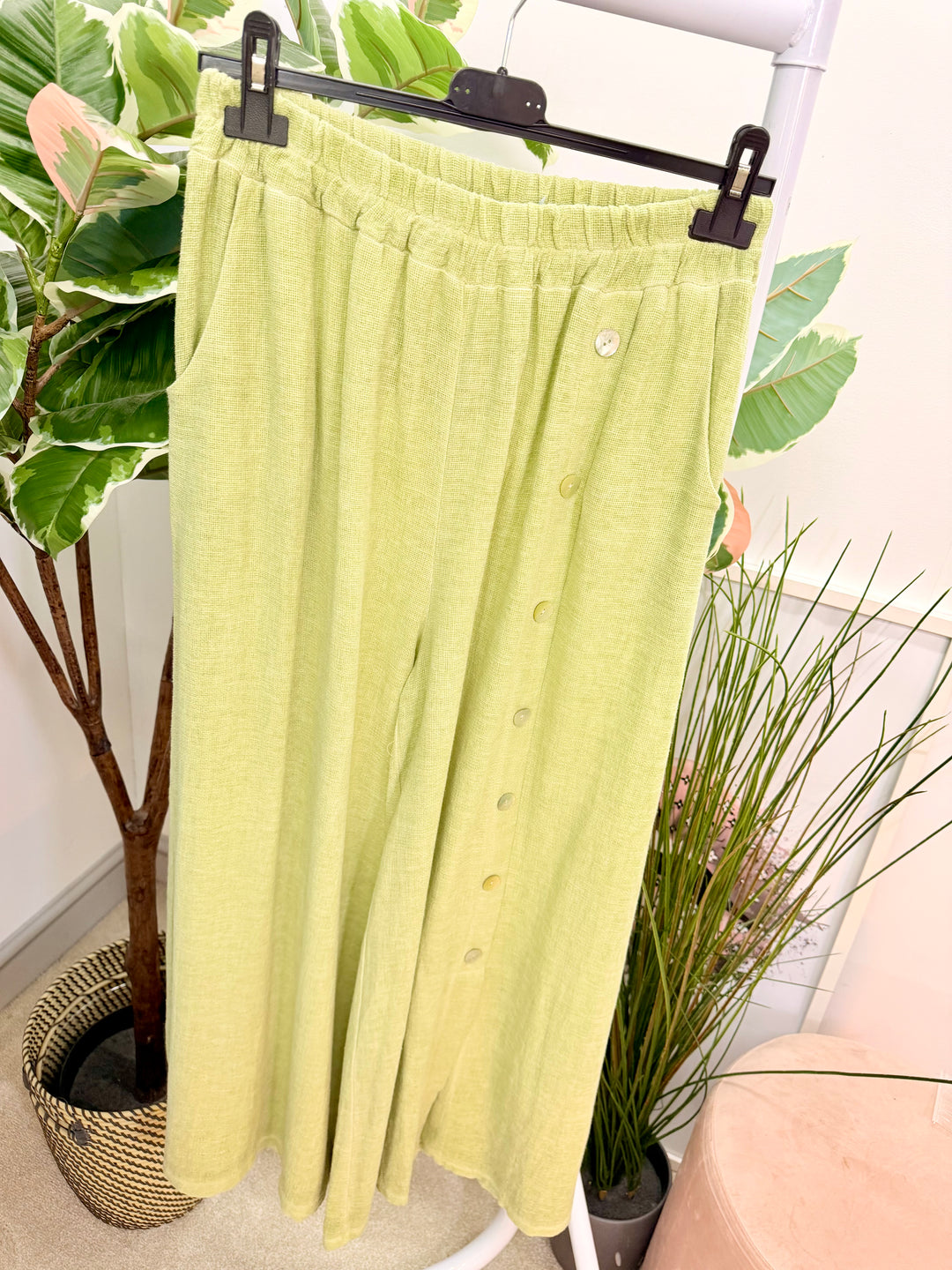 Ladies Fashion Wide Leg Palazzo Teabag Linen Trousers pistachio lime green