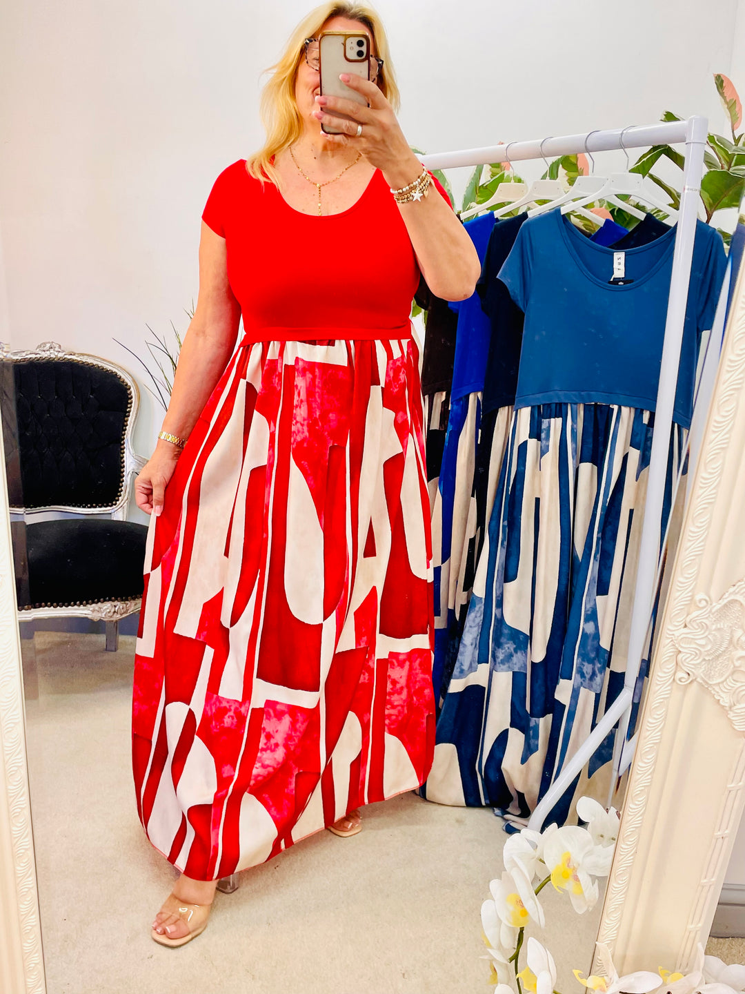 LADIES ABSTRACT PRINT T SHIRT DRESS - BLUE, NAVY, DENIM, RED & BROWN