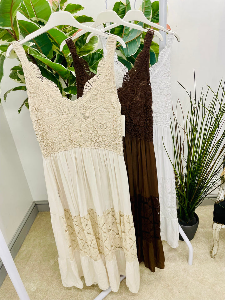 LADIES CROCHET BOHO FEMININE PRETTY SUMMER DRESS - BEIGE, WHITE & BROWN