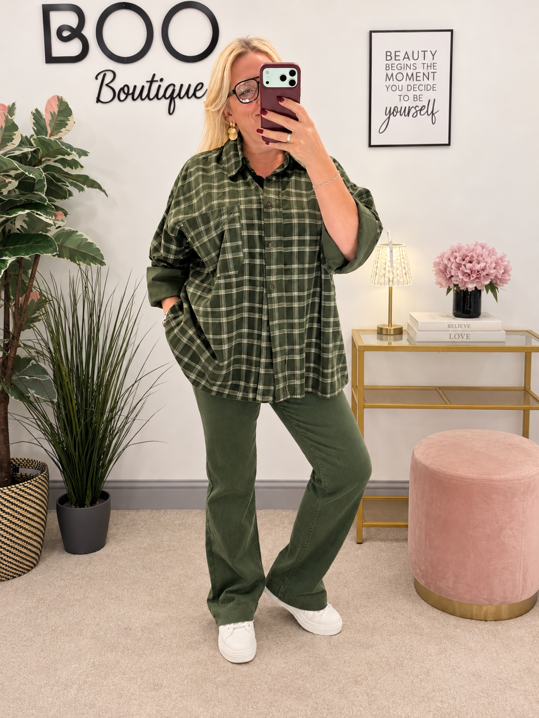 Womens cord check oversize shirt - Wine, Navy, Brown, Khaki