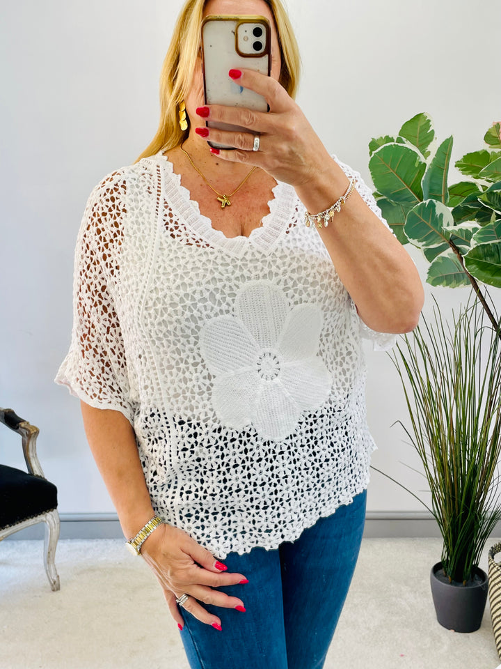 LADIES WOMENS WHITE CROCHET SUMMER TOP