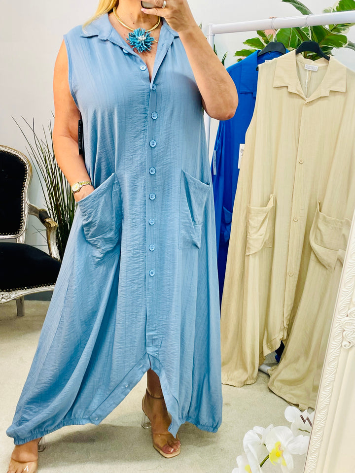 LADIES FUNKY FASHION ROMPER DRESS - BLUE, DENIM & BEIGE