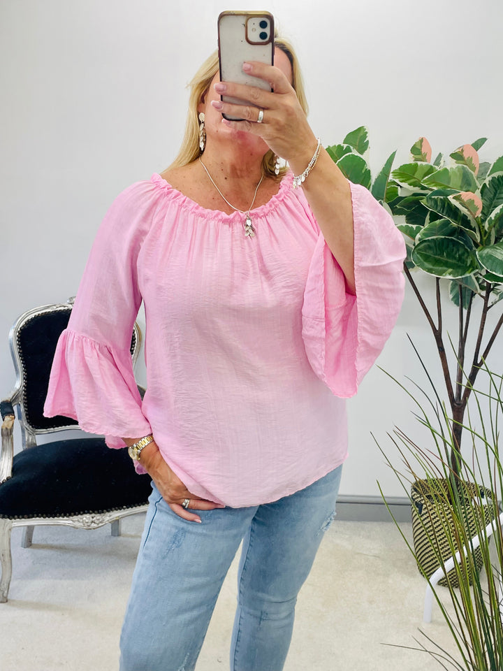 LADIES WOMENS BARDOT TOP BLOUSE - BLACK, NAVY, WHITE, PINK & BLUE