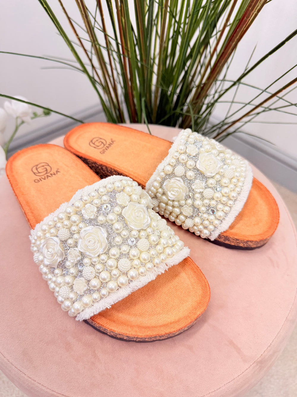 Ladies Fashion White Pearl & Diamante Summer Bridal Slider Sandals