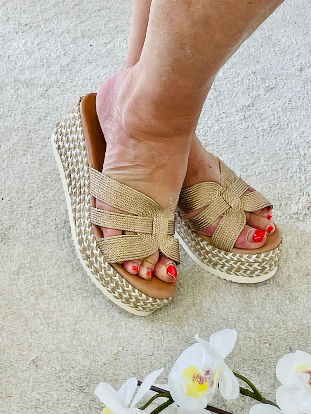 LADIES ROSE GOLD FLATFORM WEDGE HEEL SUMMER SANDALS 