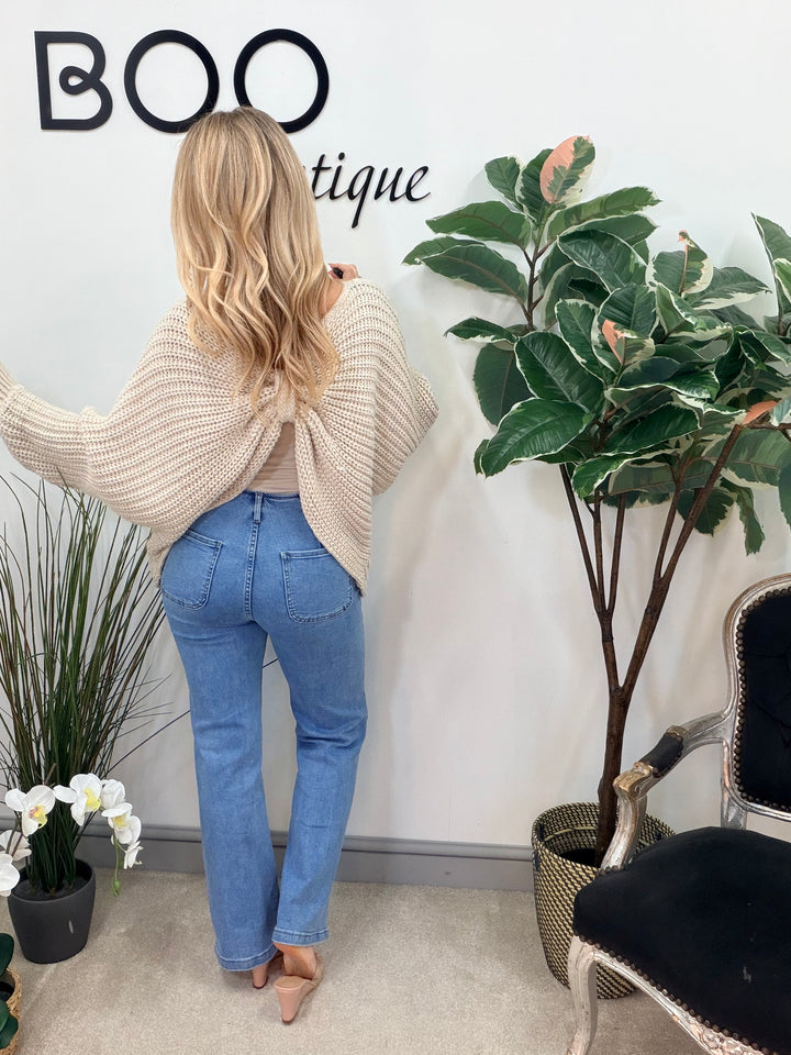 LADIES CHUNKY KNIT TWIST FRONT JUMPER - GREY, BEIGE & PINK