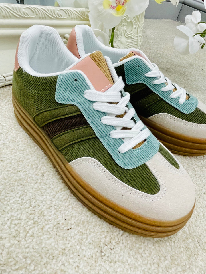 LADIES WOMENS KHAKI FLATFORM TRAINERS 