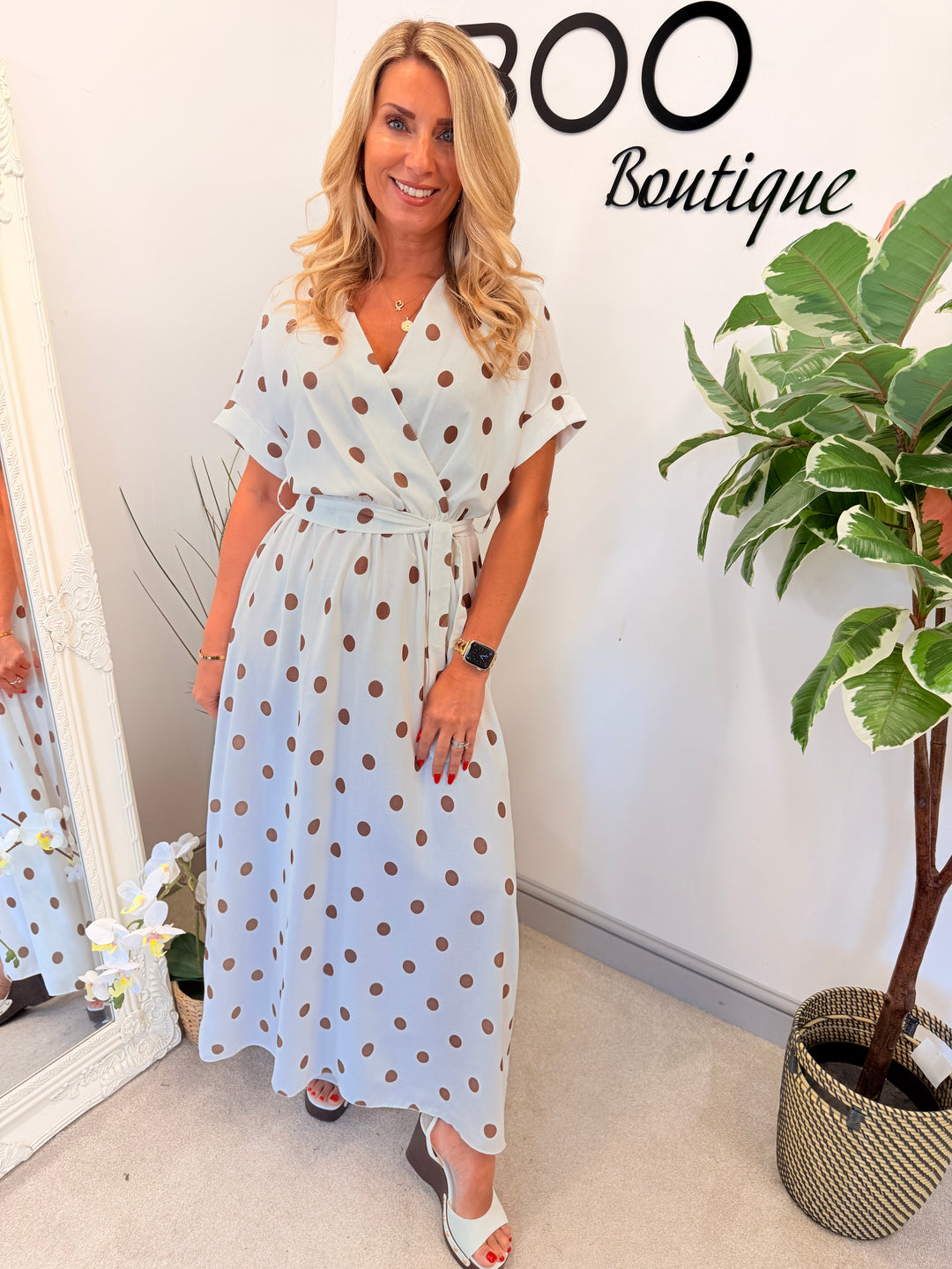 Ladies Polka Dot Wrap Midi Dress - Navy, Cream, Pink, Lemon & Pale Blue