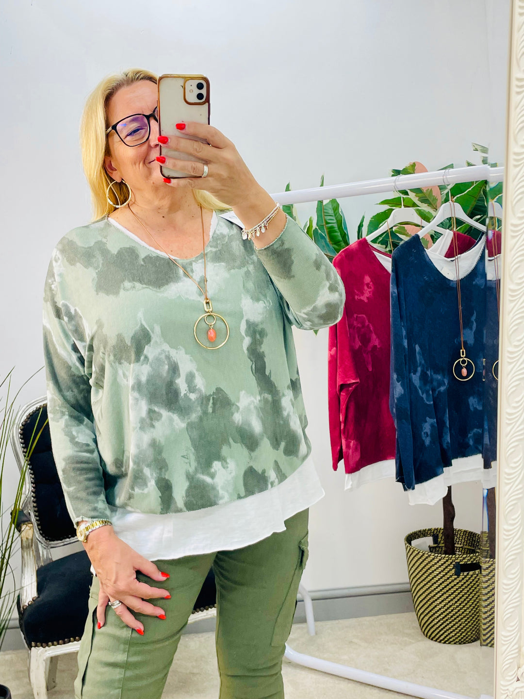 LADIES TIE DYE DOUBLE LAYER TOP - NAVY, BURGUNDY & KHAKI