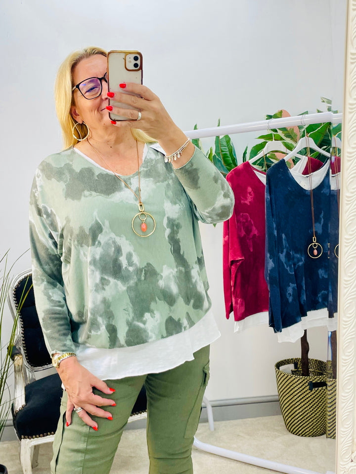 LADIES TIE DYE DOUBLE LAYER TOP - NAVY, BURGUNDY & KHAKI