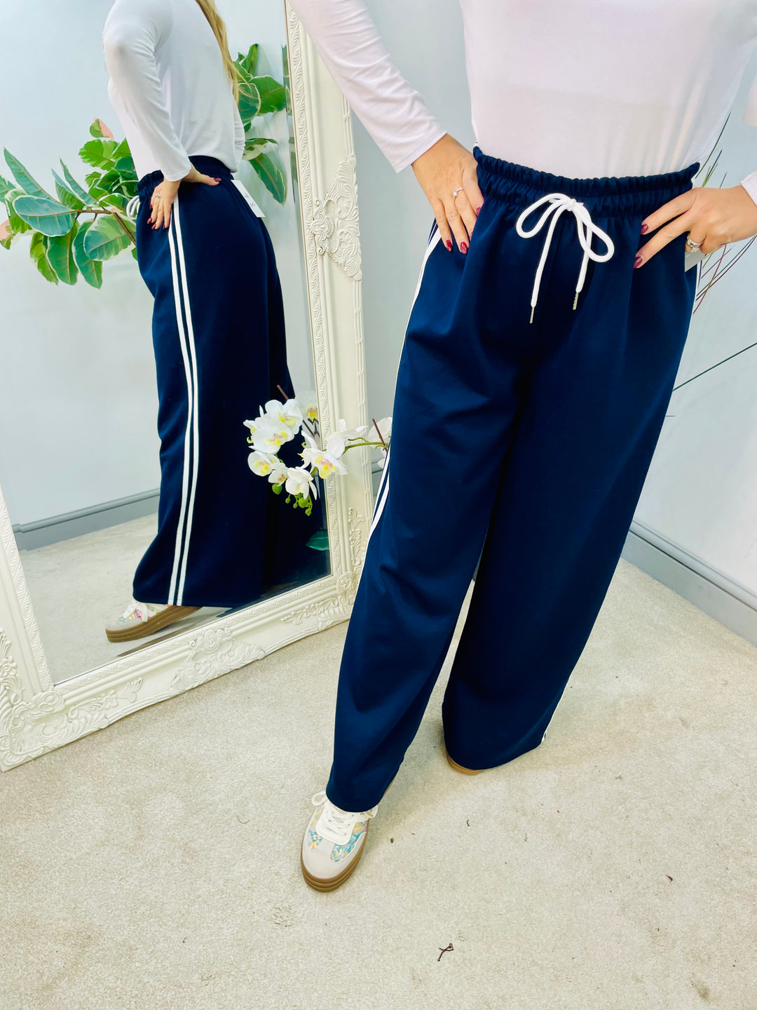 LADIES SPORTS LUXE STRAIGHT LEG JOGGER TROUSERS - NAVY, BLACK & CAMEL