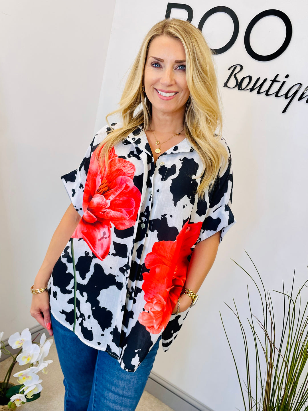 LADIES CREAM LINEN & RED POPPY PRINT OVERSIZE SUMMER SHIRT TOP