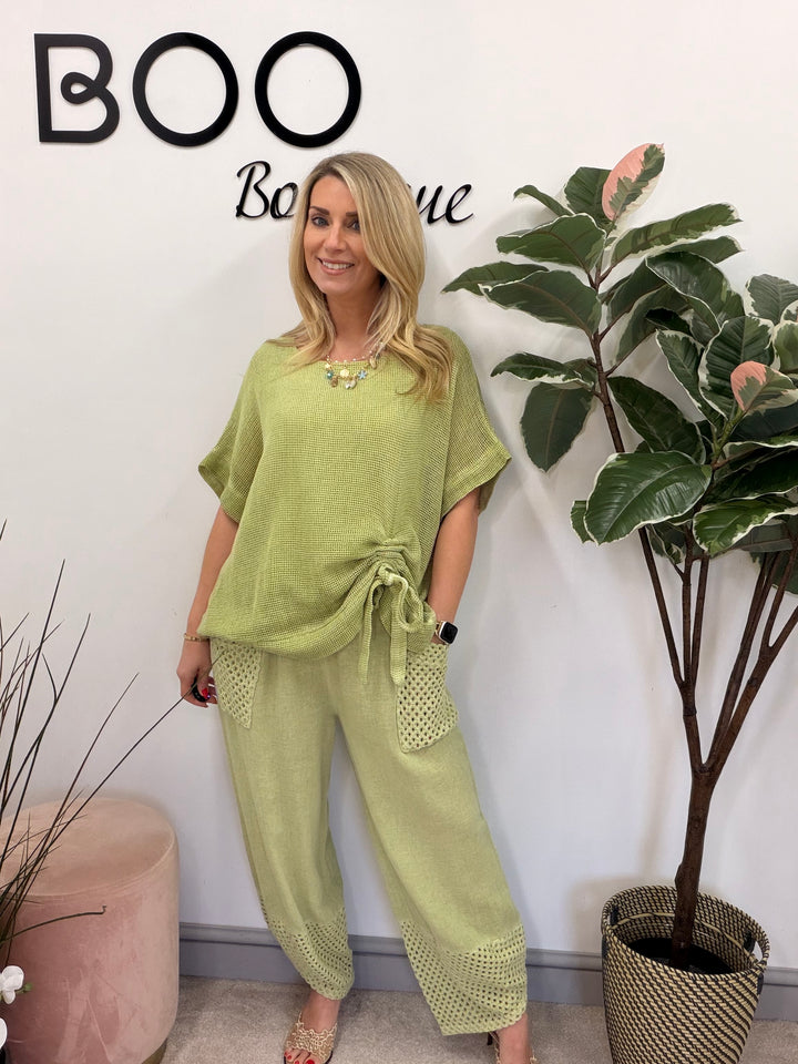 Ladies Fashion Teabag Linen Short Sleeve Top pistachio lime green