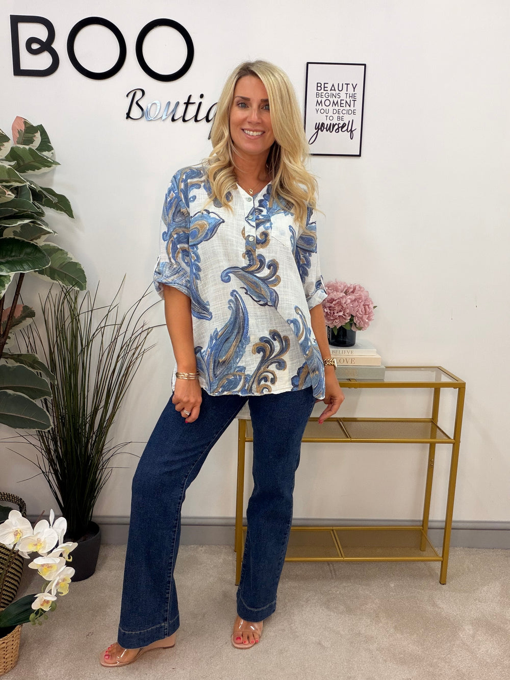 Ladies White Linen Blue Paisley Print Grandad Shirt Top