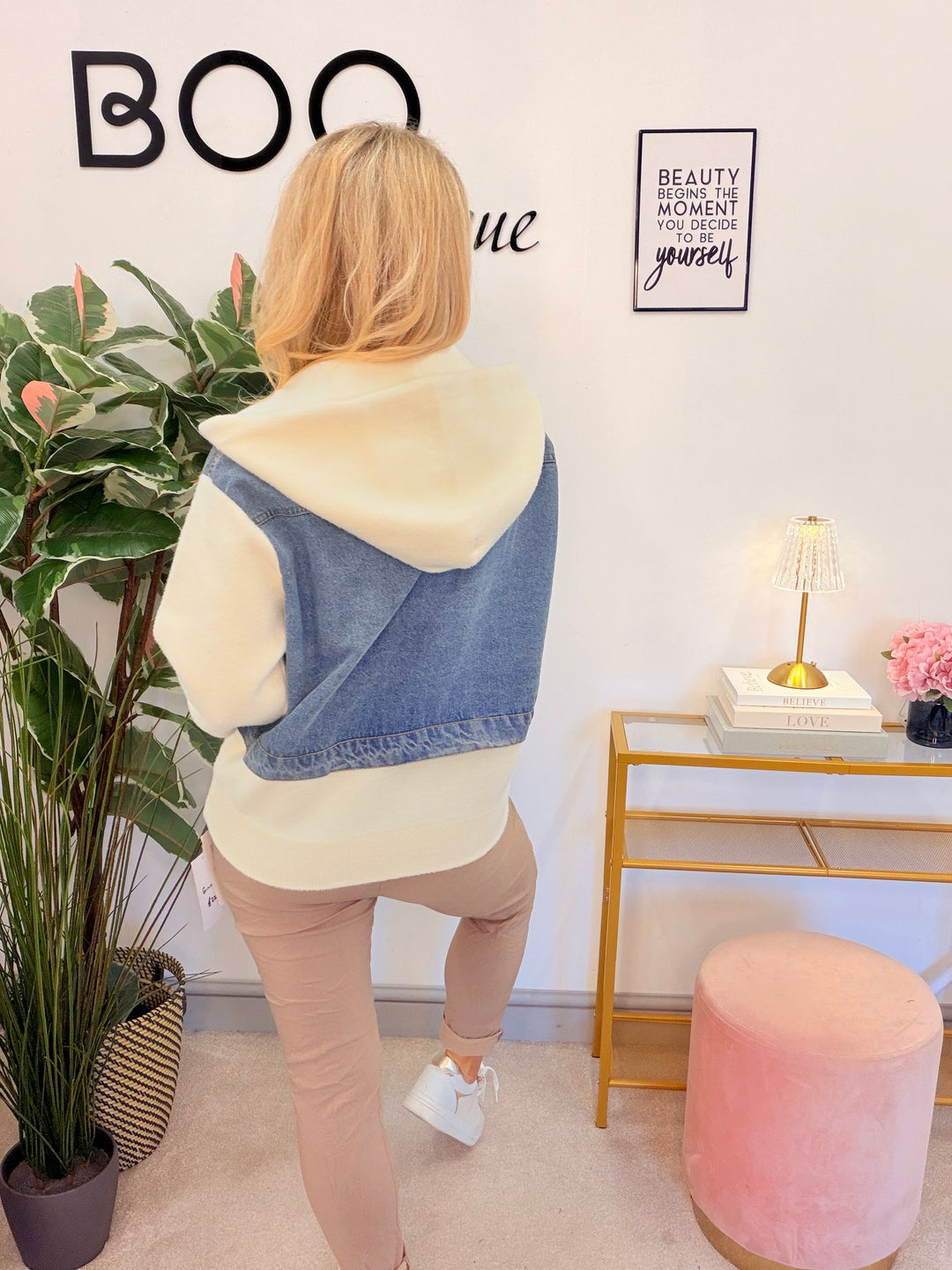 Womens cream knit blue denim hoodie jacket