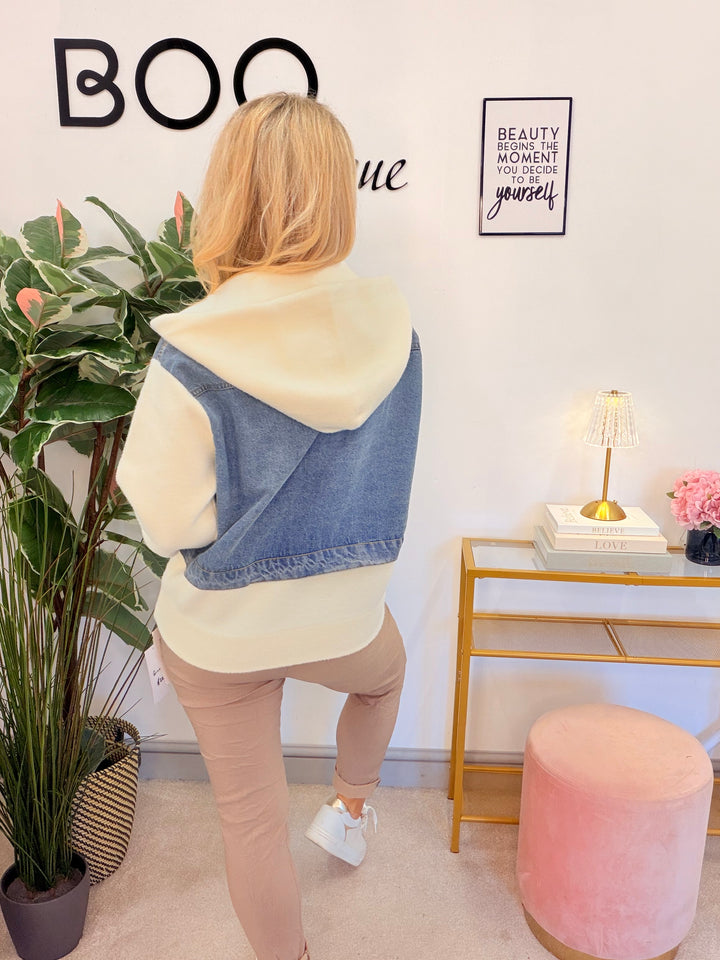 Womens cream knit blue denim hoodie jacket