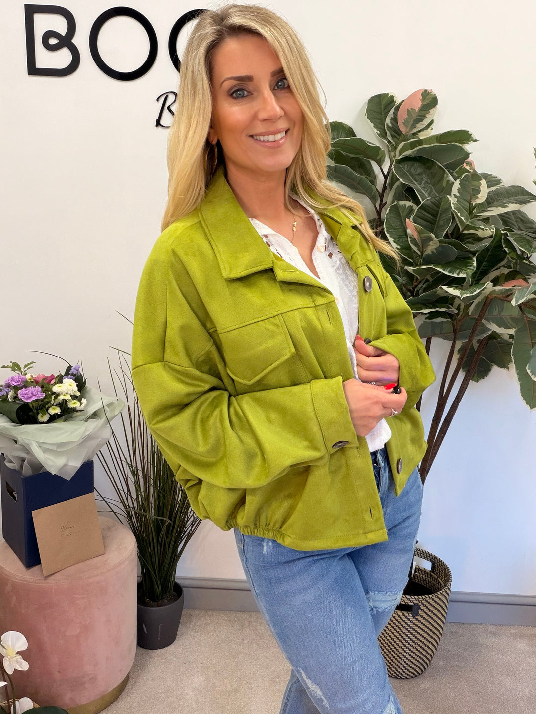 Ladies Fashion Faux Suede Bomber Jacket - camel, brown & lime